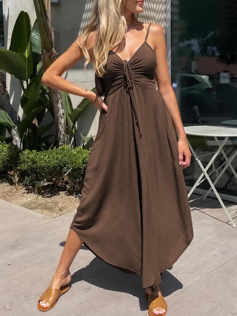 Spaghetti-Strap Brown Wide-Leg Jumpsuit with Front Tie - Picture 3 of 7